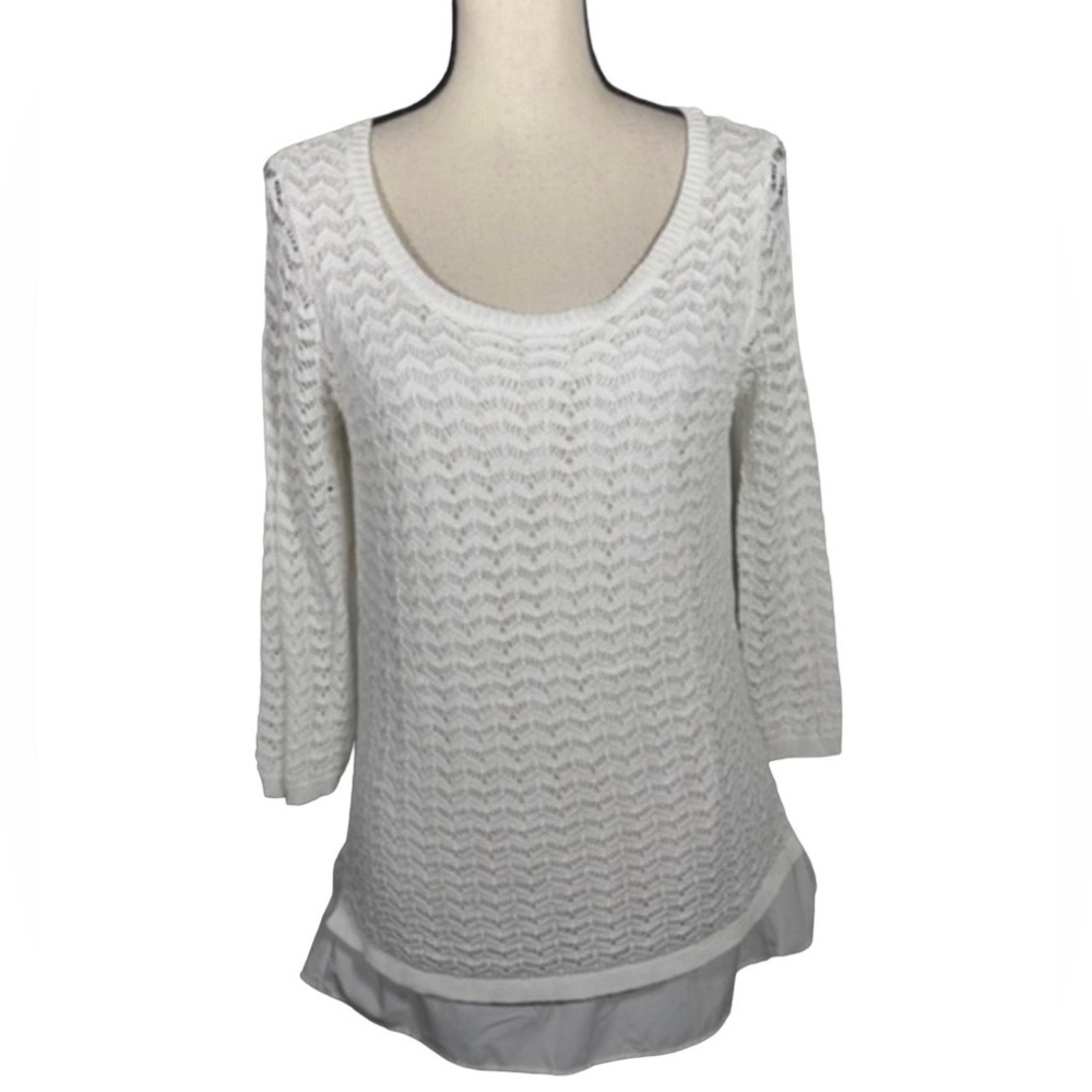 CB White Scoopneck Open Crochet Knit Frill Hem 3/4 Sleeve Pullover Sweater L